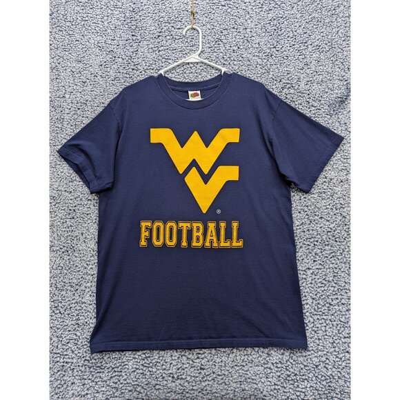 VTG West Virginia Mountaineers Football T Shirt Mens L Graphic Logo 90s Y2K Blue - Picture 1 of 10